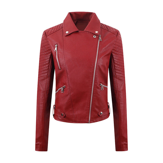 PU Women's Short Leather Oblique Pull Slim Motorcycle Clothing Washed Leather Jacket