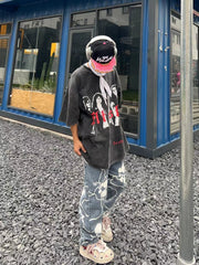 Hip Hop Full Printed Skull Jeans Dark High Street Design Sense Straight-leg Trousers