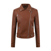 PU Women's Short Leather Oblique Pull Slim Motorcycle Clothing Washed Leather Jacket