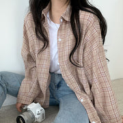 All-match Commute Lapel Plaid Shirt Loose Checked Shirt