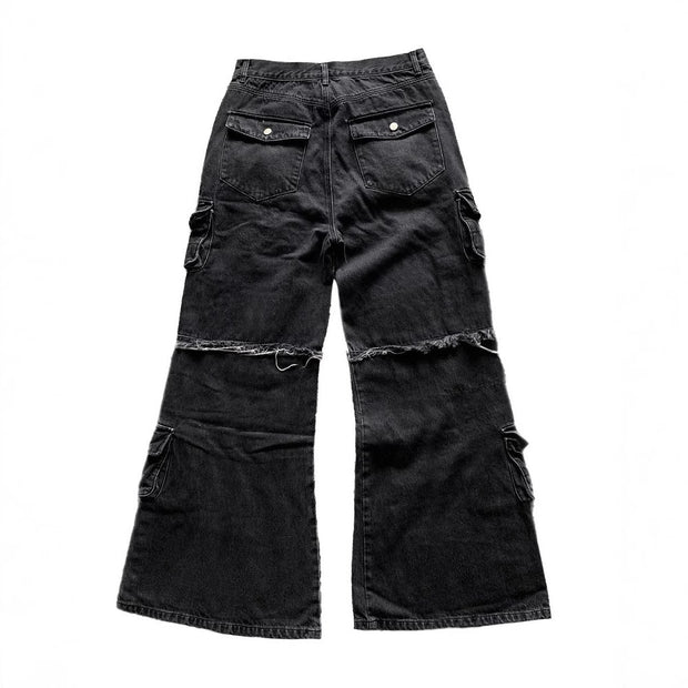 Multi-pocket Black Jeans Loose Drag