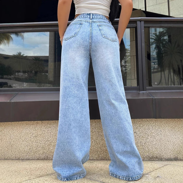 Ripped Washed Jeans Loose Straight Wide Leg