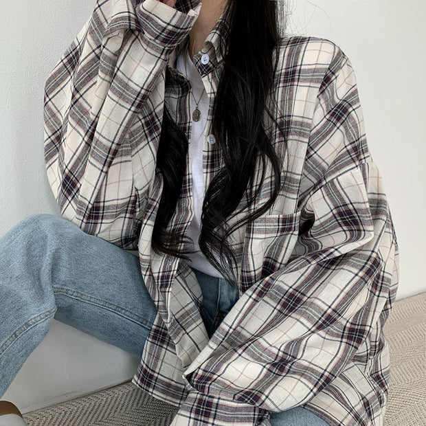 All-match Commute Lapel Plaid Shirt Loose Checked Shirt