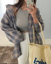 All-match Commute Lapel Plaid Shirt Loose Checked Shirt