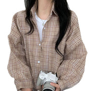 All-match Commute Lapel Plaid Shirt Loose Checked Shirt