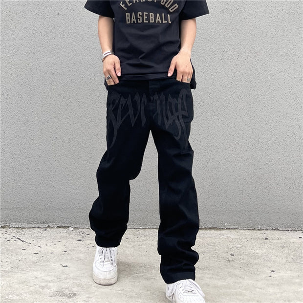High Street American Retro Embroidered Letter High Waist Straight Hip Hop Loose Jeans