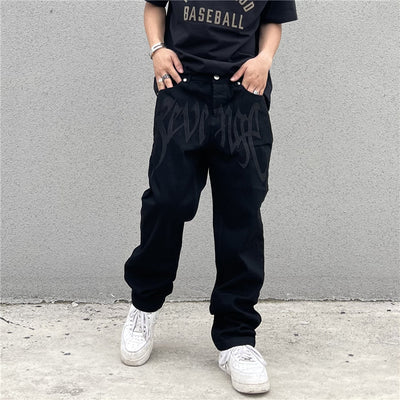 High Street American Retro Embroidered Letter High Waist Straight Hip Hop Loose Jeans