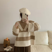 Korean Style False Two-piece Halter Off-the-shoulder Loose Striped Sweater